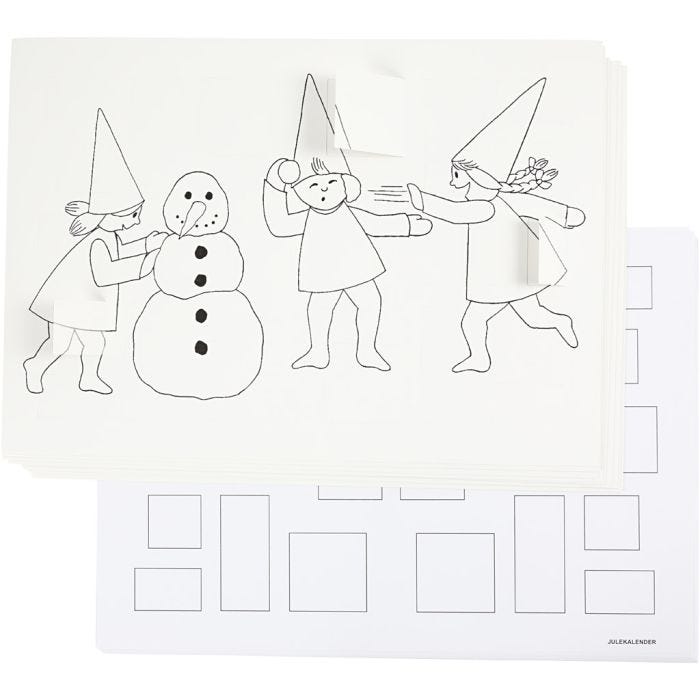 Calendario de Adviento con elfos teniendo una pelea de bola de nieve, A3, medidas 30x42 cm, blanco, 30 ud/ 1 paquete