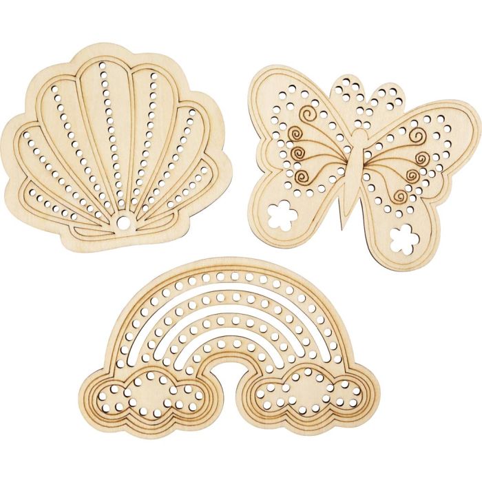 Forma de madera con agujeros, Arcoíris, concha, mariposa, medidas 7,5-13 cm, 24 ud/ 1 paquete