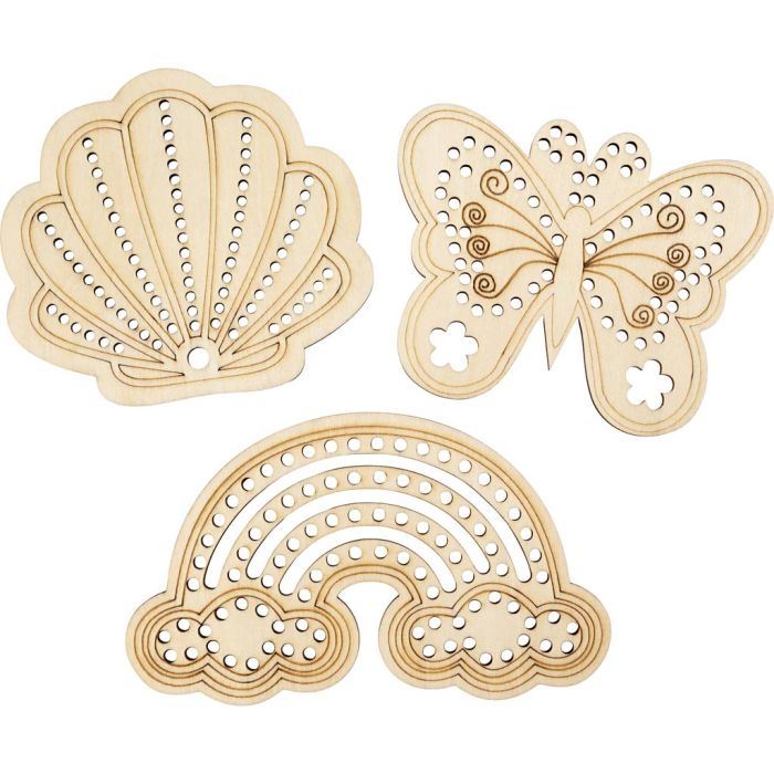 Forma de madera con agujeros, Arcoíris, concha, mariposa, medidas 7,5-13 cm, 6 ud/ 1 paquete