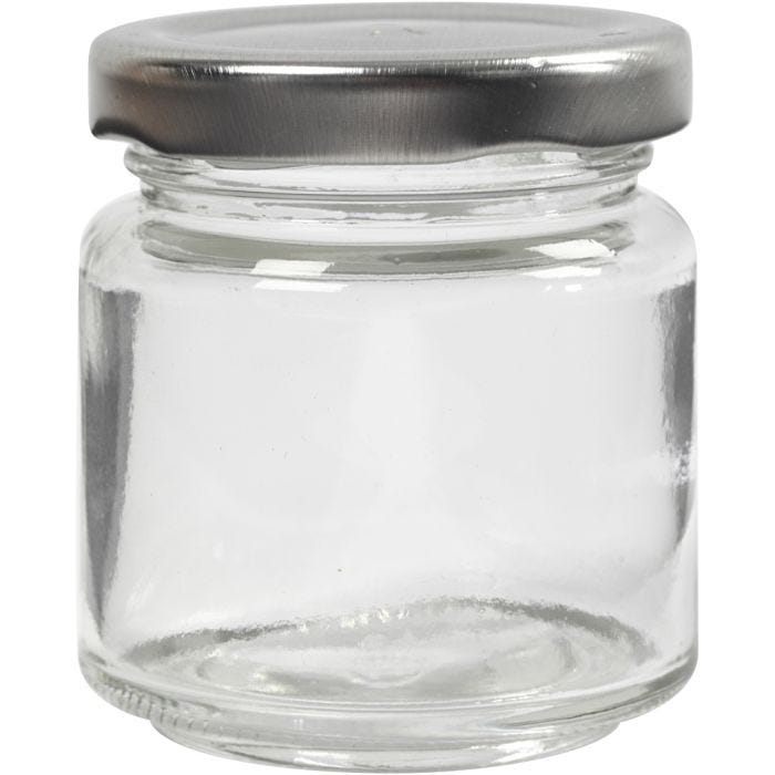 Bote de cristal, A: 6,5 cm, dia 5,7 cm, 100 ml, transparente, 12 ud/ 1 paquete