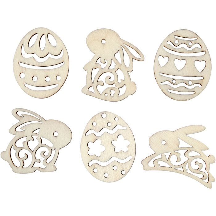 Decoraciones de madera, conejos y huevos de pascua, A: 40 mm, grosor 3 mm, 24 ud/ 1 paquete