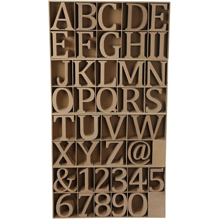 Letras, números y símbolos de madera, A: 13 cm, grosor 2 cm, 160 ud/ 1 paquete