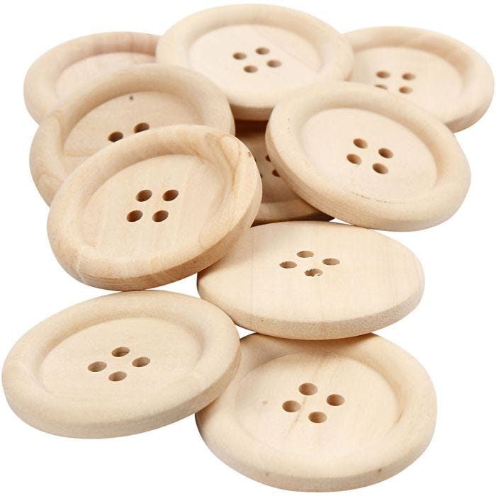 Botones de madera, dia 35 mm, medida agujero 2 mm, 4 agujeros, 10 ud/ 1 paquete