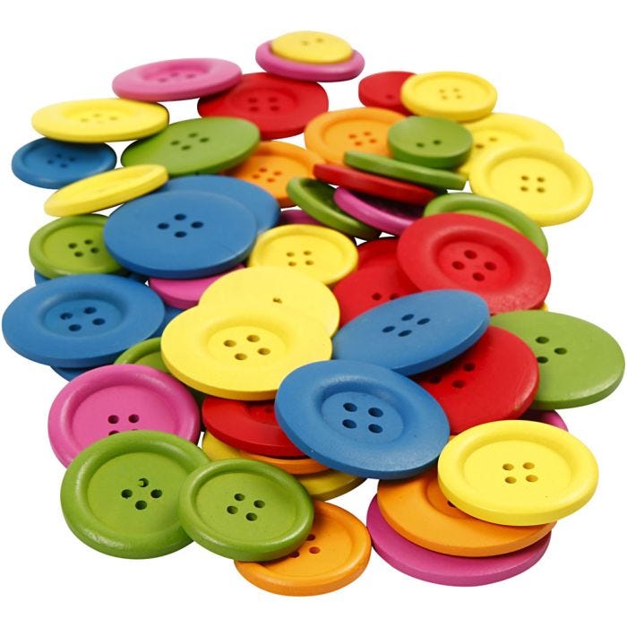 Botones de madera, dia 25-40 mm, 2-4 agujeros, surtido de colores, 144 ud/ 1 paquete