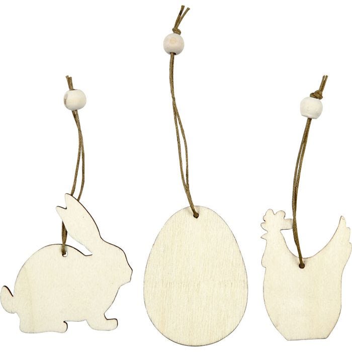 Ornamentos de madera, conejo, huevo, gallina, medidas 6 cm, grosor 3 mm, 9 ud/ 1 paquete