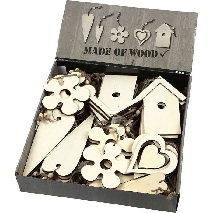 Ornamentos de madera, medidas 6,5-21,5 cm, grosor 5 mm, 100 ud/ 1 paquete