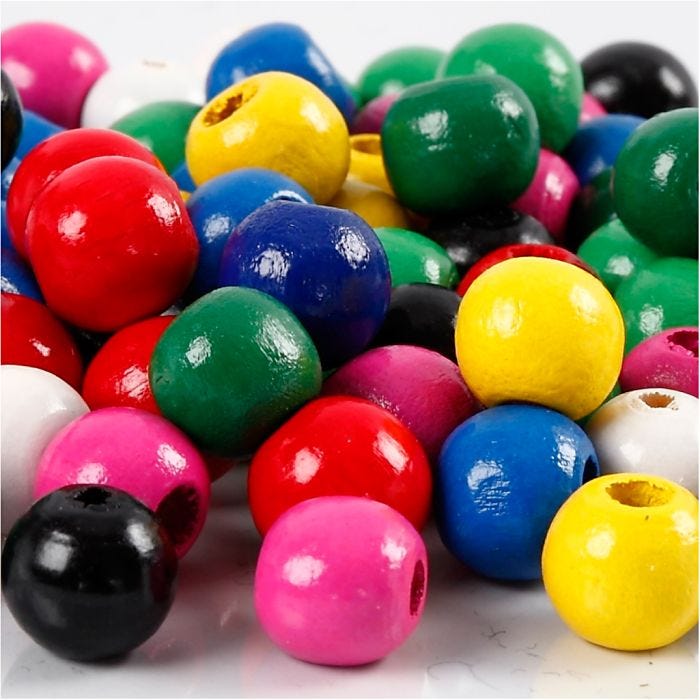 Surtido de cuentas de madera, dia 12 mm, medida agujero 3 mm, surtido de colores, 22 gr/ 1 paquete