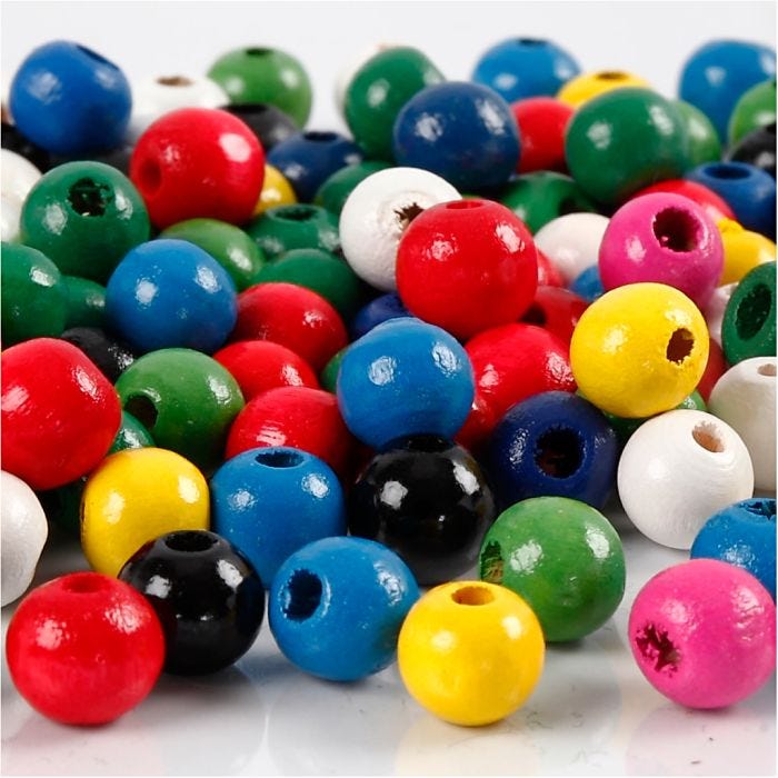 Surtido de cuentas de madera, dia 8 mm, medida agujero 2 mm, surtido de colores, 15 gr/ 1 paquete