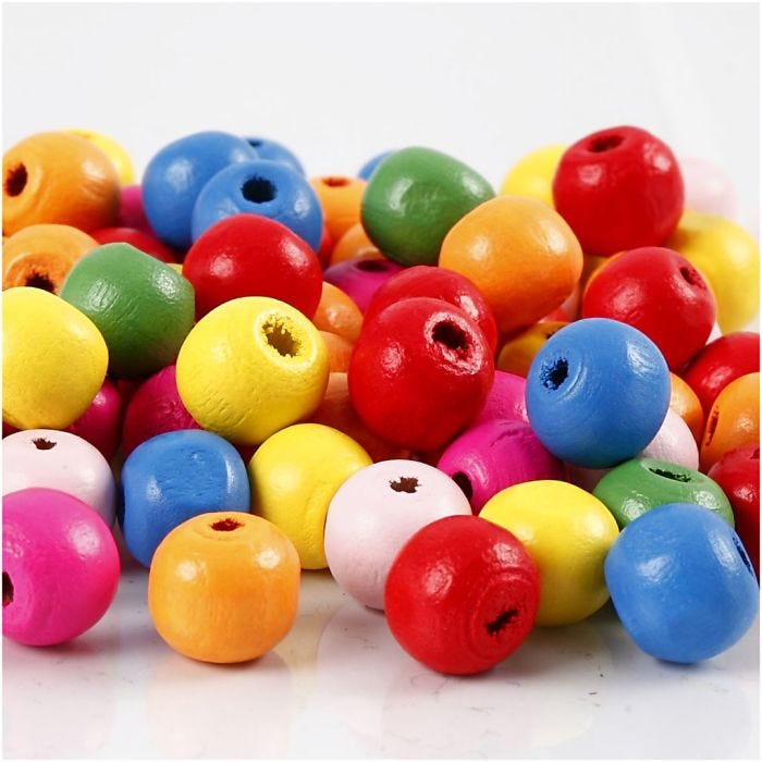 Cuentas de madera, dia 10 mm, medida agujero 2,5-3 mm, surtido de colores, 500 gr/ 1 bolsa