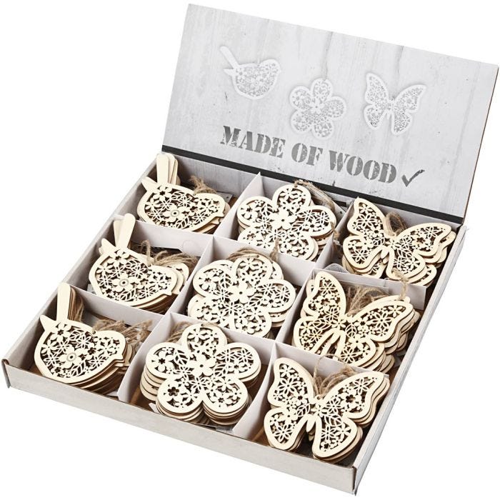 Ornamentos de madera, Mariposa, flor y párajo, A: 10 cm, 90 ud/ 1 paquete