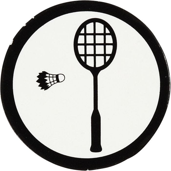 Emblema de cartón, Raqueta de bádminton, dia 25 mm, blanco/negro, 20 ud/ 1 paquete