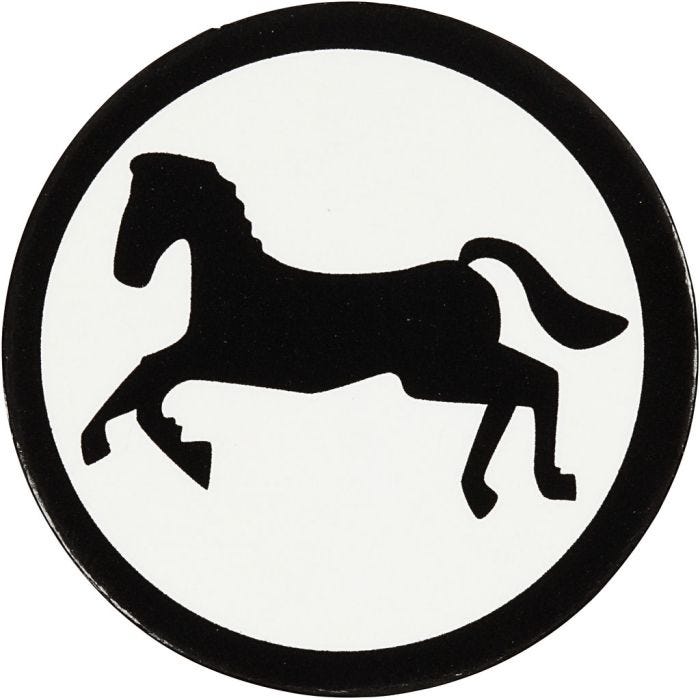 Emblema de cartón, Caballo, dia 25 mm, blanco/negro, 20 ud/ 1 paquete
