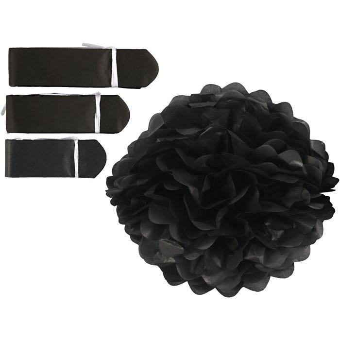 Pompones de seda, dia 20+24+30 cm, 16 gr, negro, 3 ud/ 1 paquete