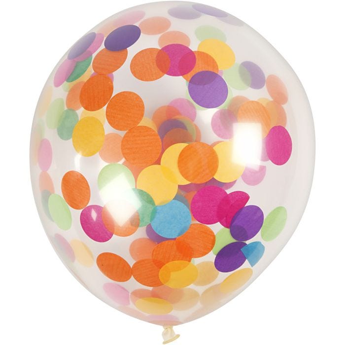 Globos con confeti, redondo, dia 23 cm, transparente, 4 ud/ 1 paquete