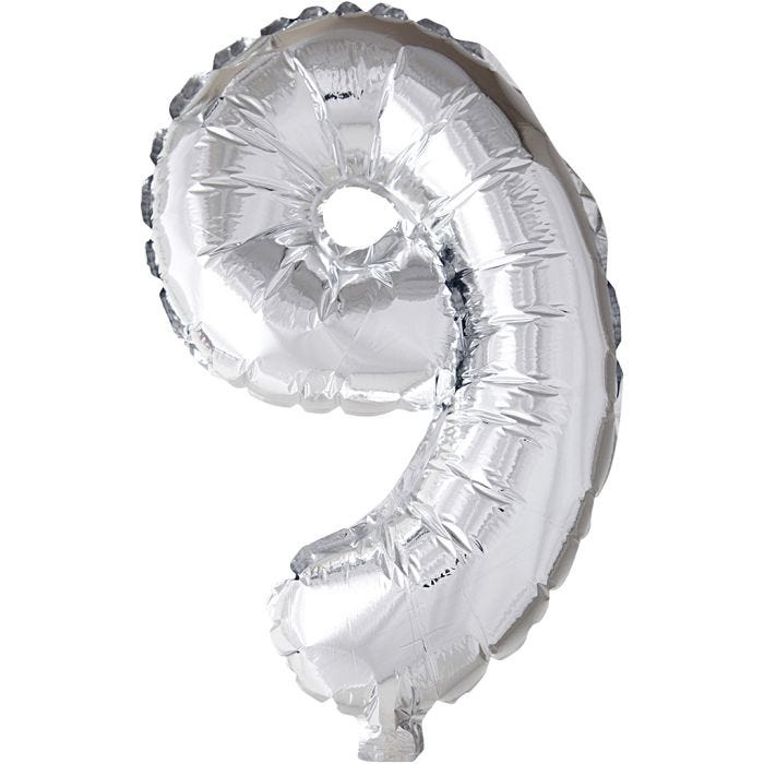 Globo foil, número 9, A: 41 cm, plata, 1 ud