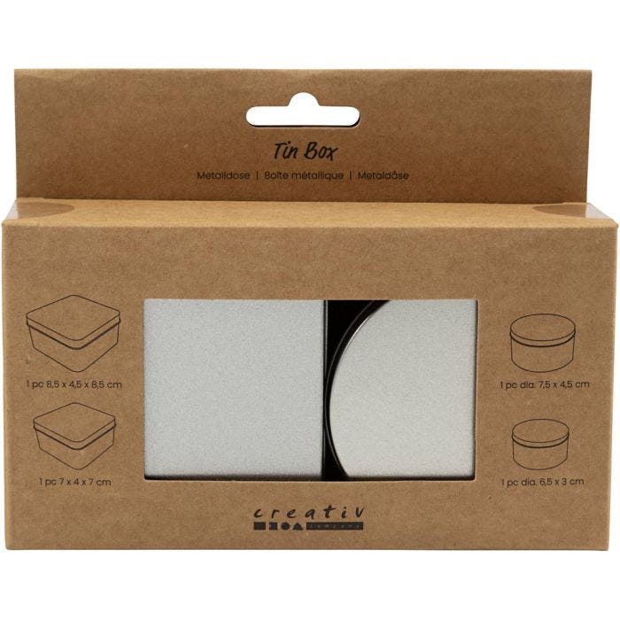 Caja de lata, Redondo y cuadrado, A: 3-4,5 cm, dia 6,5+7,5 cm, medidas 7x7+8,5x8,5 cm, gris metalizado, 4 ud/ 1 paquete