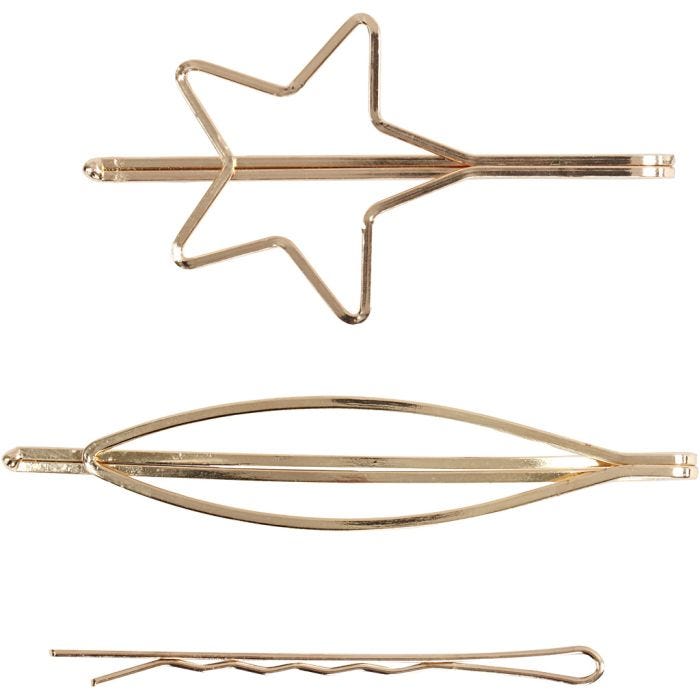 Clips de pelo, L. 70 mm, A: 32 mm, dorado/plateado, 3 ud/ 1 paquete