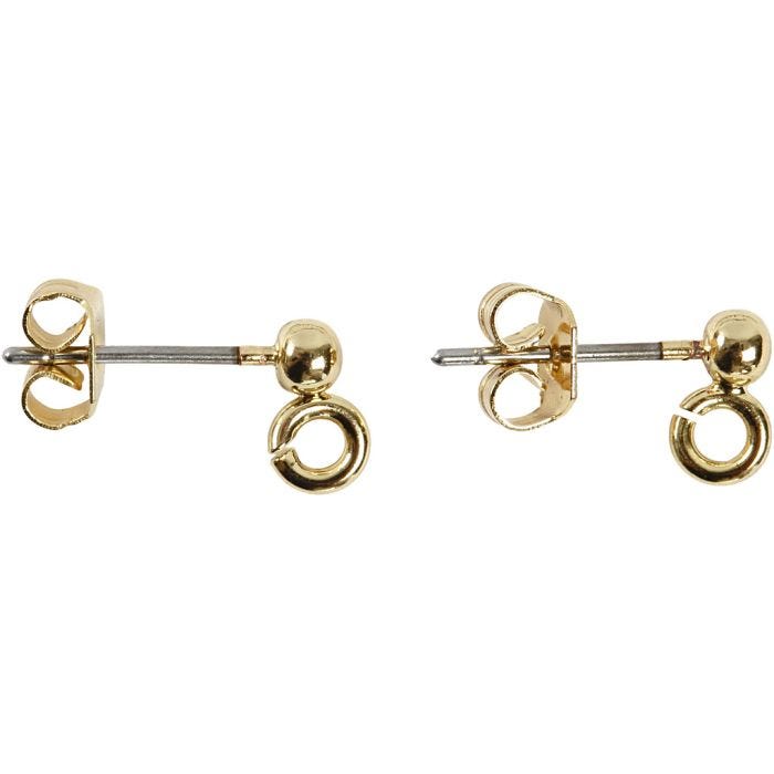 Pendientes de botón, L. 13 mm, dia 3,8 mm, medida agujero 0,8 mm, dorado/plateado, 10 ud/ 1 paquete