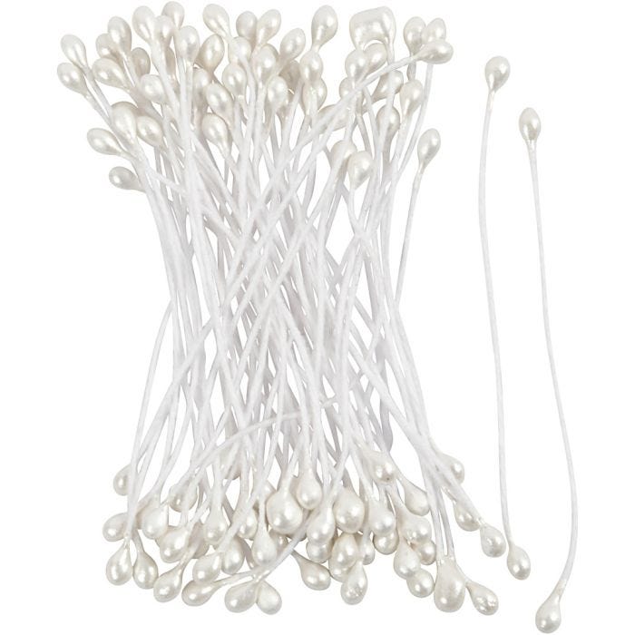 Estambres de Flores, L. 6,4 cm, dia 2 mm, blanco perla, 100 ud/ 1 paquete