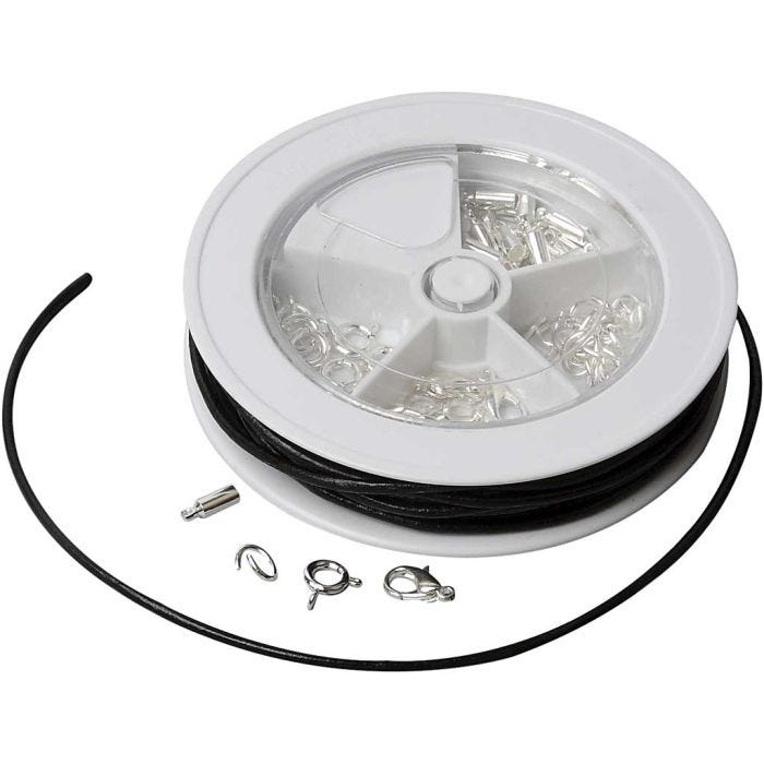 Kit básico de joyería, Cordón de cuero, negro, plateado, 1 set