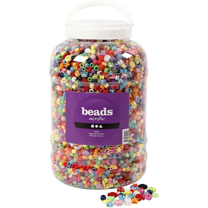 Cubo de cuentas de plástico, medidas 6-20 mm, medida agujero 1,5-6 mm, 3000 gr, 5700 ml/ 1 cubo