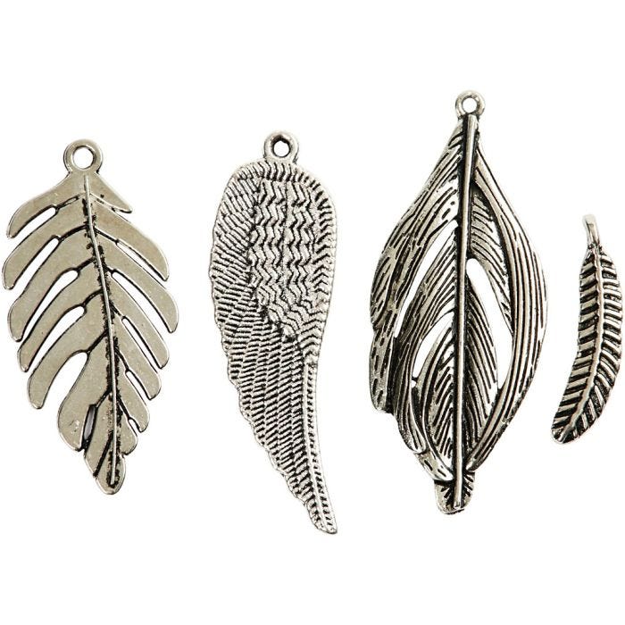 Plumas, medidas 29-55 mm, medida agujero 12-20 mm, plata antigua, 4 ud/ 1 paquete