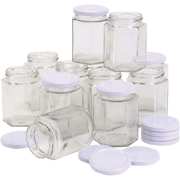Tarro de vidrio hexagonal, A: 8 cm, dia 7 cm, 180 ml, 12 ud/ 1 paquete