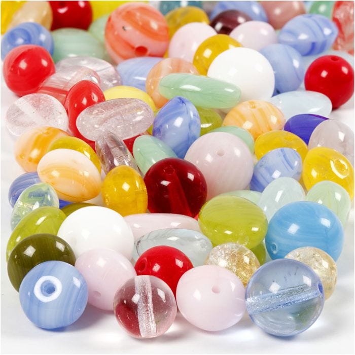 Cuentas de vidrio, Redondo, ovalado, circular, dia 6-13 mm, medida agujero 0,5-1,5 mm, surtido de colores, 60 gr/ 1 paquete