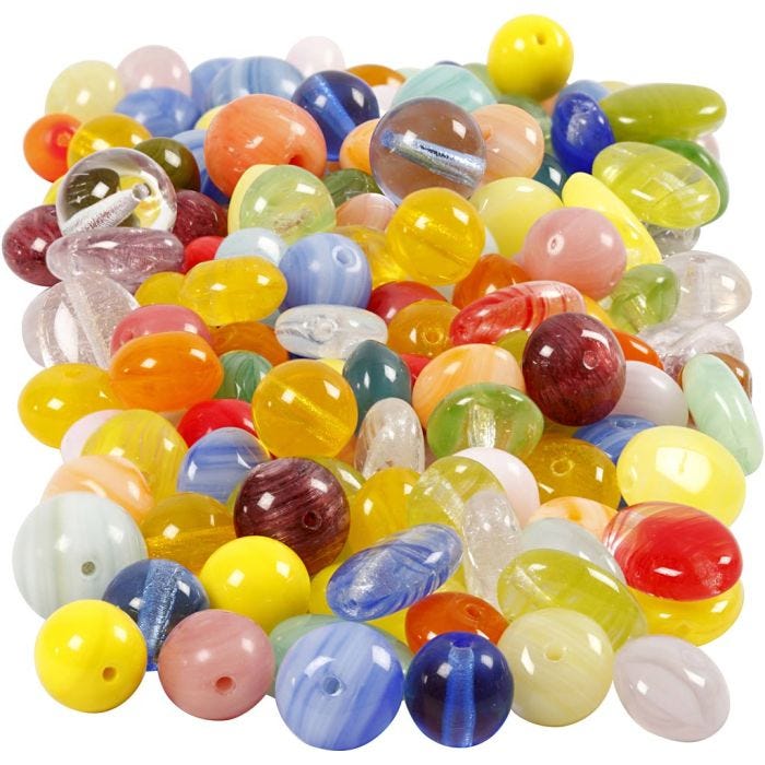 Cuentas de vidrio, Redondo, ovalado, circular, dia 6-13 mm, medida agujero 0,5-1,5 mm, surtido de colores, 350 gr/ 1 paquete