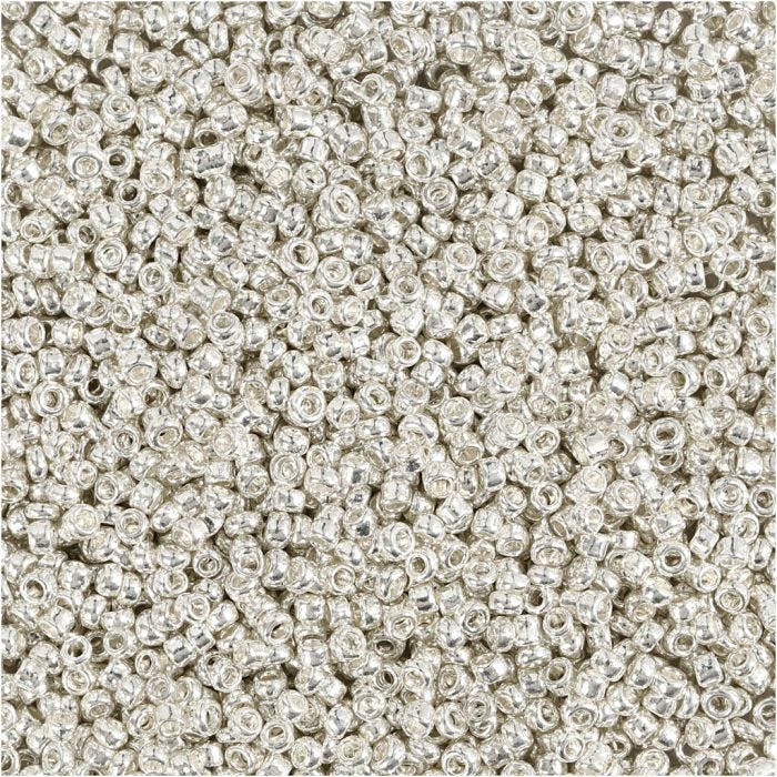 Cuentas de Semillas de Rocaille, dia 1,7 mm, medidas 15/0, medida agujero 0,5-0,8 mm, plata metalizada, 25 gr/ 1 paquete