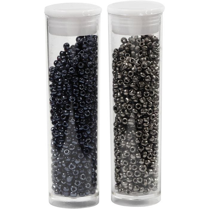 Cuentas de Semillas de Rocaille, dia 1,7 mm, medidas 15/0, medida agujero 0,5-0,8 mm, negro, gris oscuro metalizado, 2x7 gr/ 1 paquete
