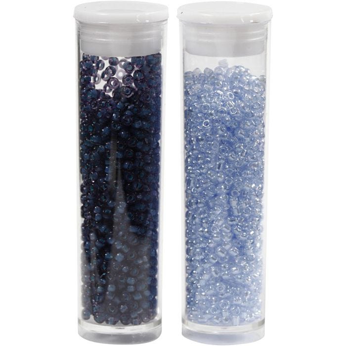 Cuentas de Semillas de Rocaille, dia 1,7 mm, medidas 15/0, medida agujero 0,5-0,8 mm, azul claro, azul oscuro, 2x7 gr/ 1 paquete