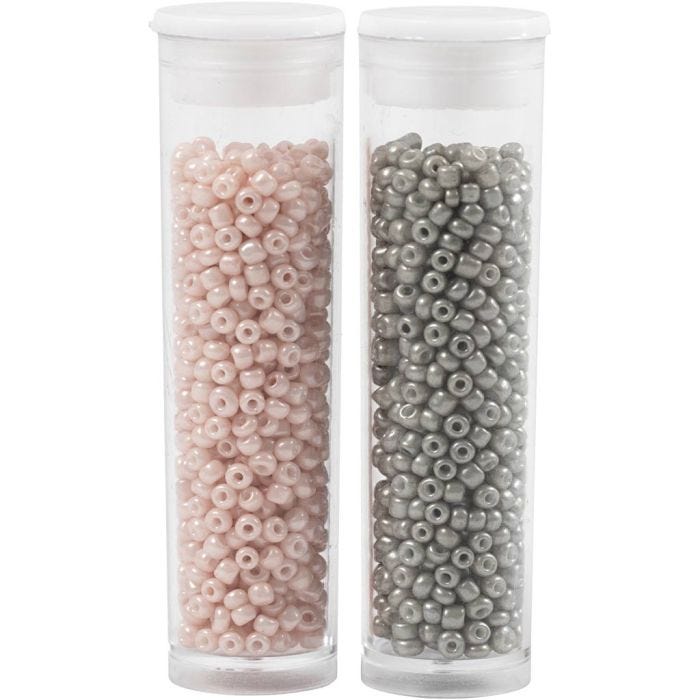 Cuentas de Semillas de Rocaille, dia 1,7 mm, medidas 15/0, medida agujero 0,5-0,8 mm, gris claro, rosado polvoriento, 2x7 gr/ 1 paquete