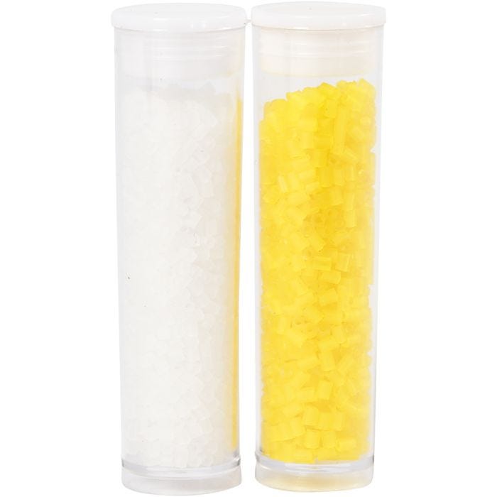 Rocalla cuenta 2 cortes, dia 1,7 mm, medidas 15/0, medida agujero 0,5 mm, blanco, amarillo transparente, 2x7 gr/ 1 paquete