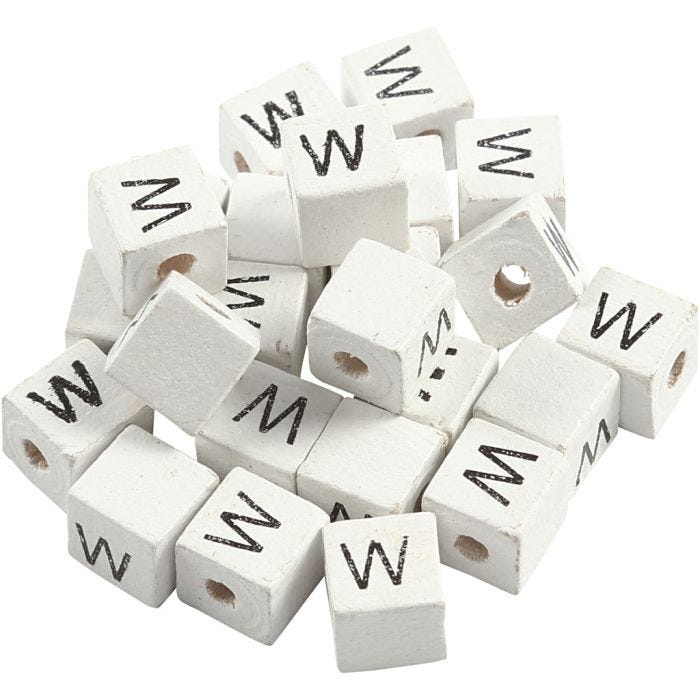Cuenta cuadrada con letra, W, 8x8 mm, 3 mm, blanco, 25ud/ 1 paquete