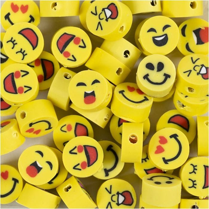 Cuentas con Figuras, Emoji, dia 10 mm, medida agujero 1,5 mm, 60 ud/ 1 paquete