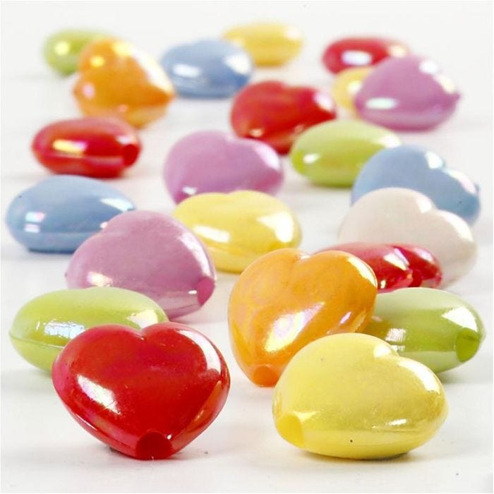 Cuentas de corazón, medidas 25x15 mm, medida agujero 3 mm, 70 gr, 125 ml/ 1 paquete