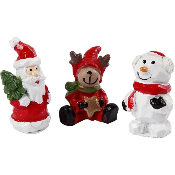 Pequeñas figuras, Papá Noël, reno y muñeco de nieve, A: 35 mm, L. 10 mm, 3 ud/ 1 paquete