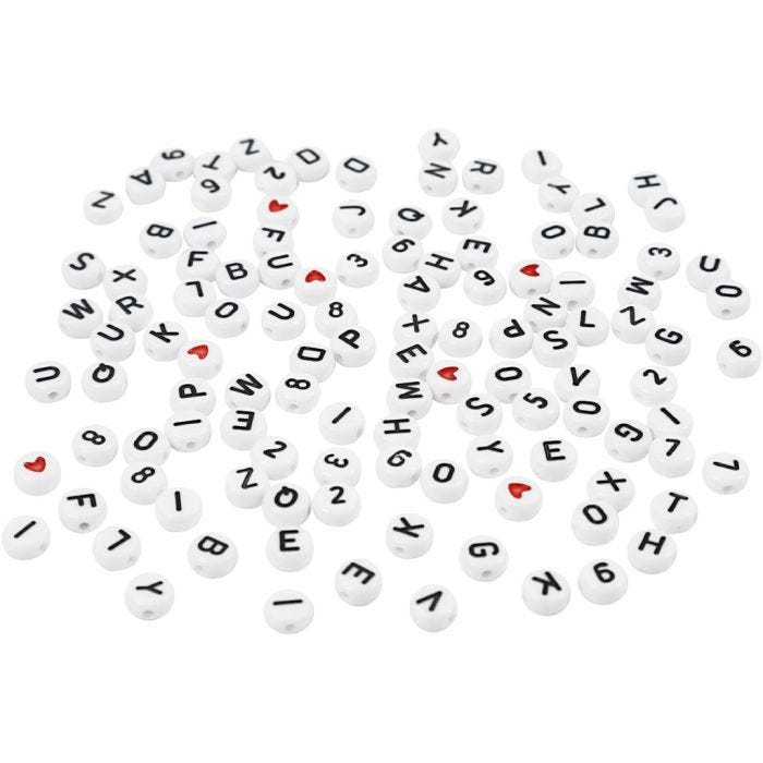 Cuentas de letras, medidas 7 mm, medida agujero 1,2 mm, blanco, 25 gr/ 1 paquete