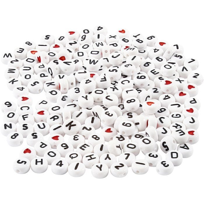 Cuentas de letras, medidas 7 mm, medida agujero 1,2 mm, blanco, 200 gr/ 1 paquete