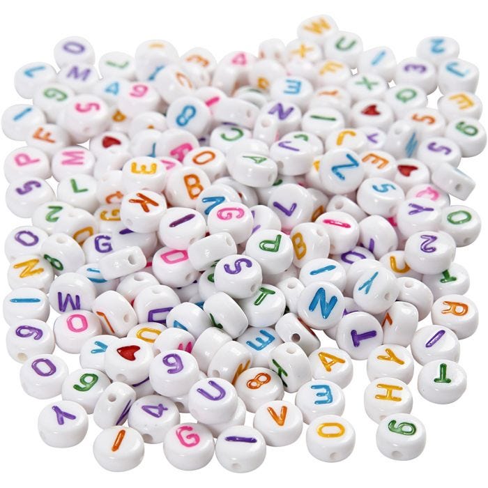 Cuentas de letras, medidas 7 mm, medida agujero 1,2 mm, blanco, 200 gr/ 1 paquete
