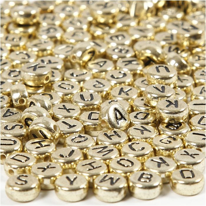 Cuentas de letras y números, dia 7 mm, medida agujero 1,2 mm, dorado, 21 gr/ 1 paquete
