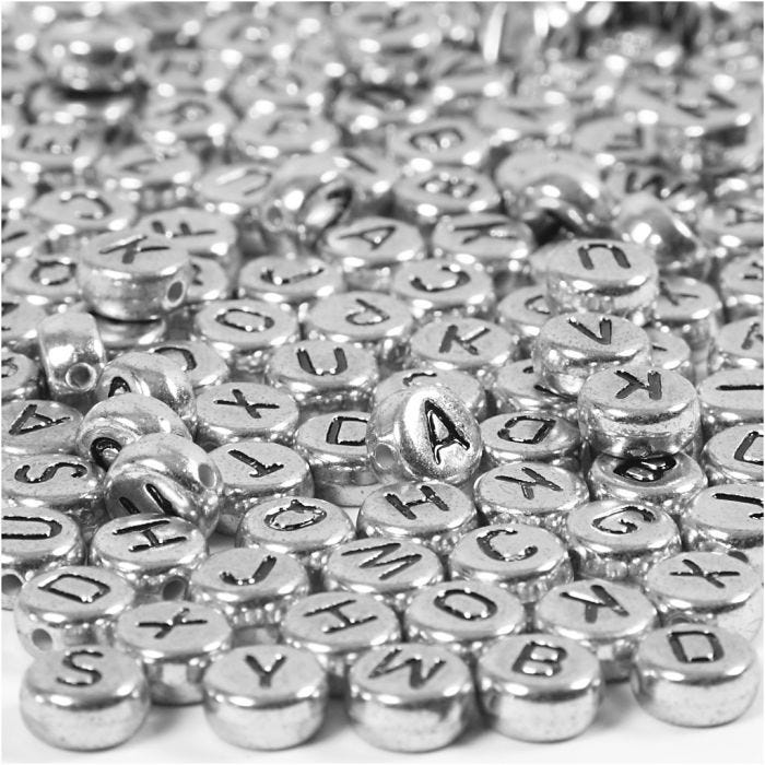 Cuentas de letras y números, dia 7 mm, medida agujero 1,2 mm, plata, 21 gr/ 1 paquete