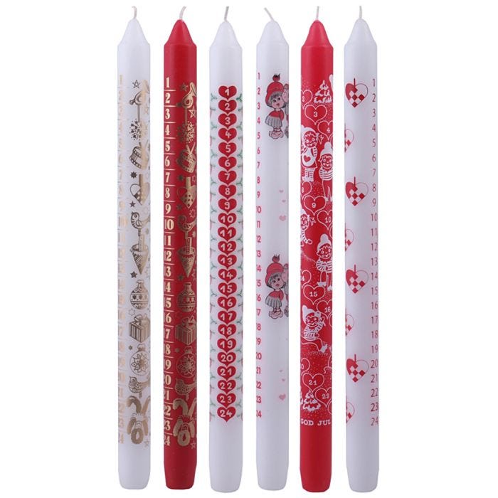 Velas de adviento, A: 30 cm, dia 22 mm, rojo, blanco, 24 ud/ 1 paquete