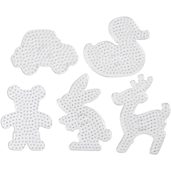 Placa de clavijas, Osito de peluche, coche, reno, pato y conejo, medidas 16x19,5-19x24 cm, JUMBO, transparente, 5 ud/ 1 paquete