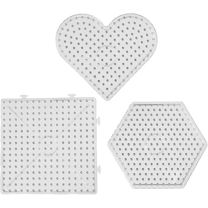 Placa de clavijas, corazones, hexágonos, cuadrados, medidas 15x15-17,5x17,5 cm, JUMBO, transparente, 6 ud/ 1 paquete