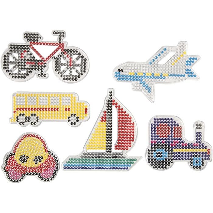 Placa de clavijas, Coche, avión, barco, tractor, autobús, bicicleta, medidas 9x9,5+11x16 cm, medium, 6 ud/ 1 paquete