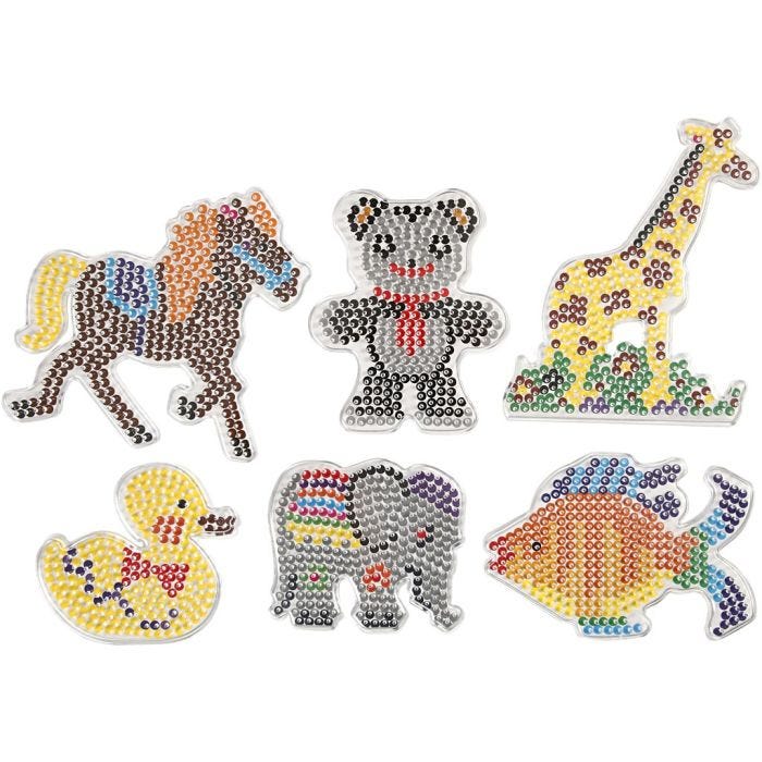 Placa de clavijas, pato, eleffante, girafa, oso, caballo, pez, medidas 10x11-13x16,5 cm, medium, 6 ud/ 1 paquete