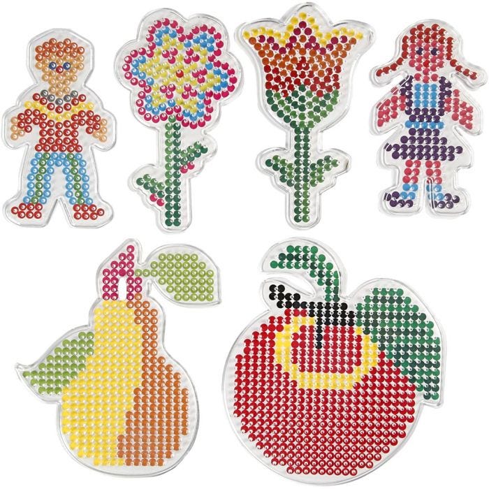 Placa de clavijas, flores, chica, chico, manzana y pera, medidas 8,5x14-14x16 cm, medium, 6 ud/ 1 paquete