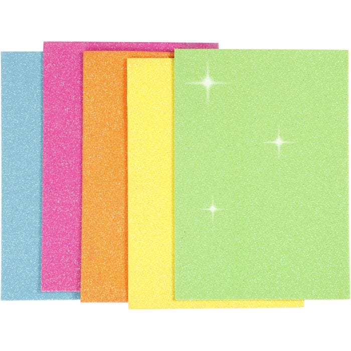 Hojas de goma EVA, A5, hoja 150x210 mm, grosor 2 mm, surtido de colores, 5 hoja/ 1 paquete
